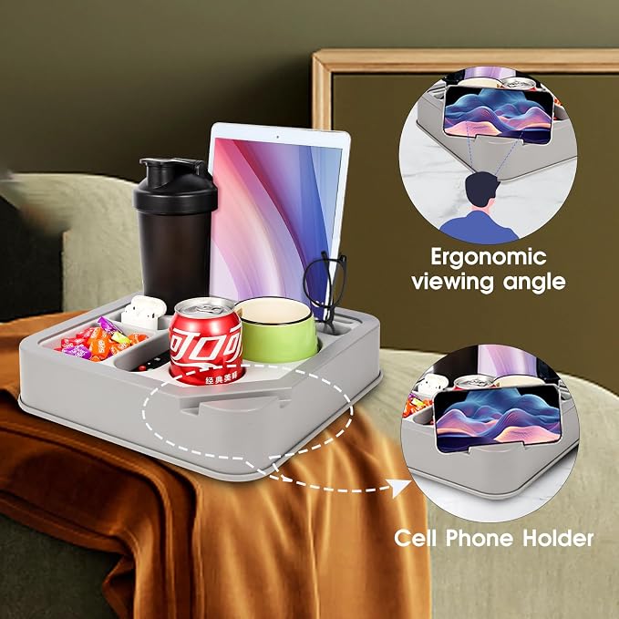 Couch Cup Holder Bed Caddy Couch Caddy Couch Tray Cup Holder for Couch,Couch Caddy with Cup Holder for Remote Phone Tablet Beverage Snack Gray.