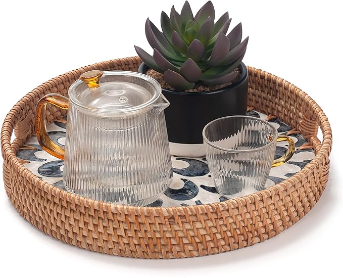 YANGQIHOME Round Serving Tray with Handle, Rattan Tray with Decorative Mother of Pearl Inlay, Round Wicker Trays for Home Decor, Coffee Table, Gifts, Dining, 11.8 inch