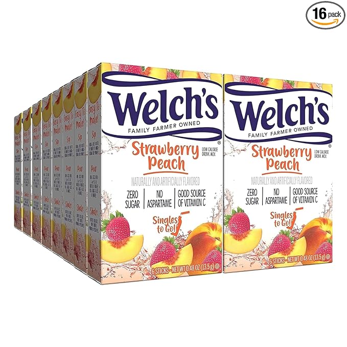 Welch's Strawberry Peach Singles To Go Drink Mix, 0.48 OZ (Pack of 16)