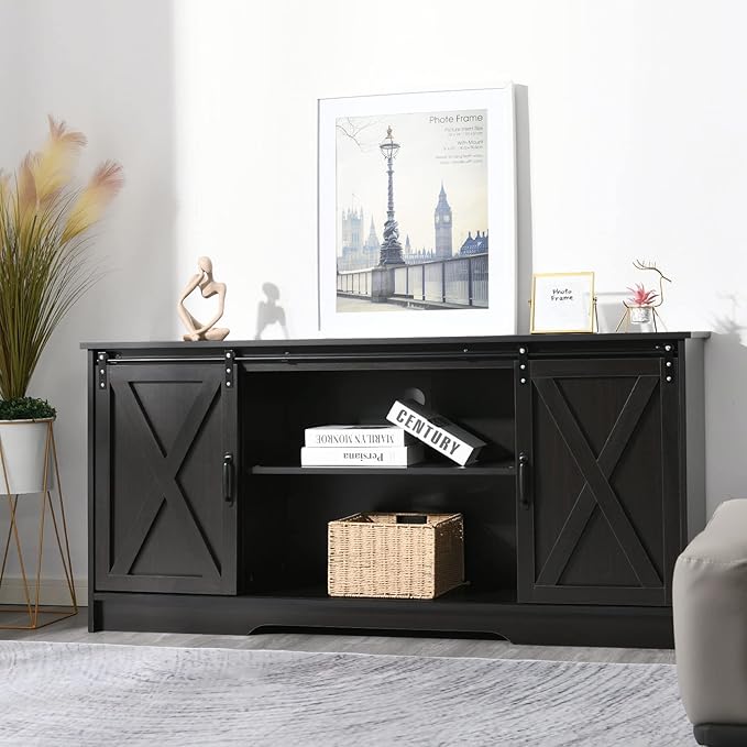4 EVER WINNER Farmhouse Coffee Bar Cabinet, 59" Large Kitchen Storage Cabinet with Sliding Barn Doors, Buffet Cabinet with Storage Cupboard for Kitchen, Dining Room, Espresso