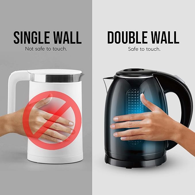 OVENTE 1.7L Double Wall Electric Tea Kettle, 1100W Water Boiler and Heater with Cool-Touch Exterior, Stainless Steel Insulated Interior, Auto Shut-Off, Boil-Dry Protection & Locking Lid, Black KD64B