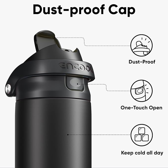 ENCOOL Leakproof Insulated Water Bottle with Straw Dual-Sip Water Bottle Bag-Safe Design for Work, Commute & Gym – Keeps Drinks Cold All Day, 32 oz, Jet Black
