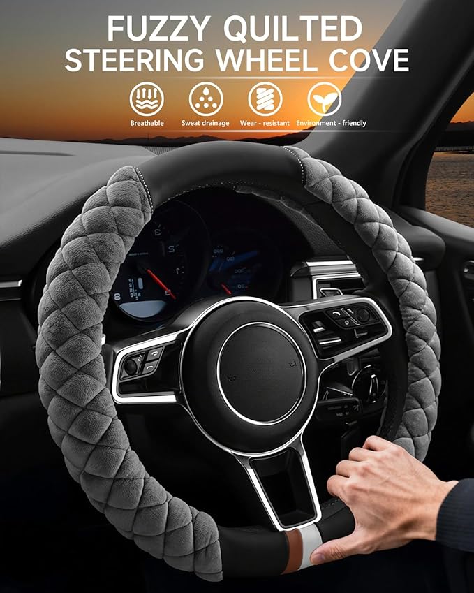 Cxtiy Fluffy Steering Wheel Cover Women Men Plush Steering Wheel Warmer for Winter Soft Fuzzy Luxury Car Accessories (A-Gray)
