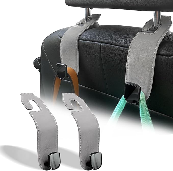 Car Seat Headrest Hook, 2 Pack Leather Car Purses and Bags Hooks Holder Hanger for Groceries Organization Accessories, Gray