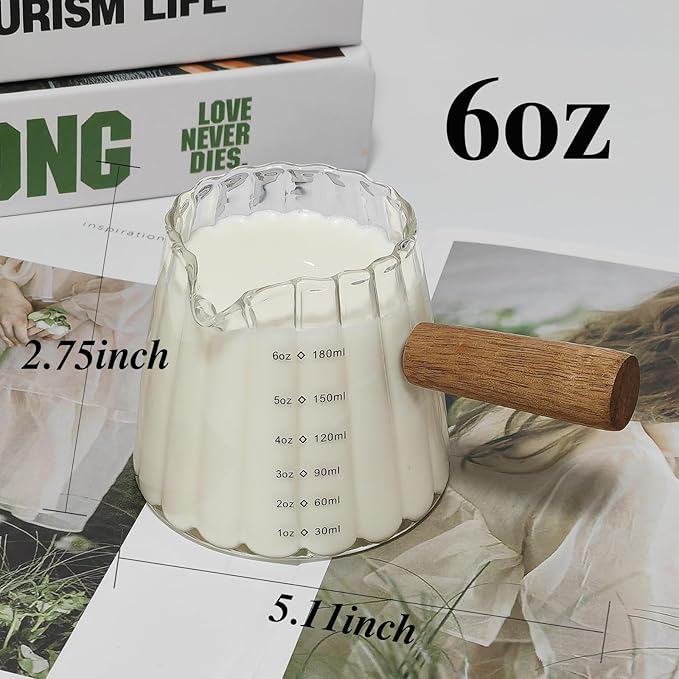 2-Pack Espresso Cups With Wood Handle 6oz, Espresso Accessories, Milk Frothing Pitcher, Glass Measuring Cup, Shot Glass