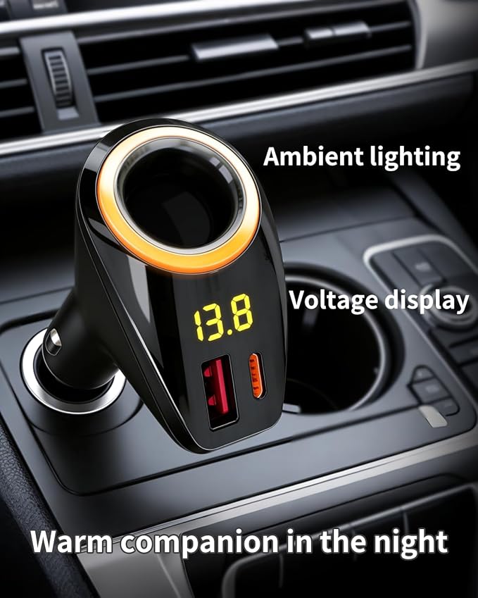 Cigarette Lighter Splitter, 4-in-1 Cigarette Lighter Adapter with 65W USB C PD3.0 & 22.5W QC3.0 Fast Charging + LED Voltage Display & Expandable 12V Socket Car Charger for iPhone 17/16/15 Samsung S25