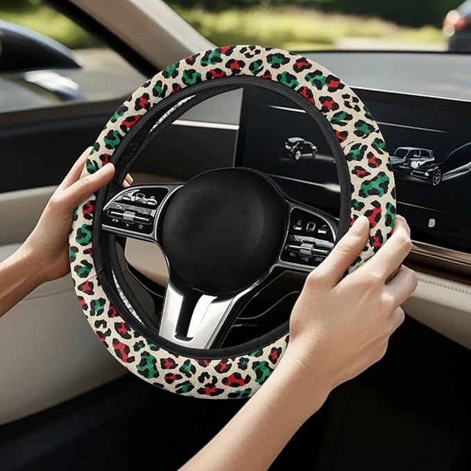 Universal Non-Slip Steering Wheel Cover, 15-inch Polyester Material Driving Accessories, Adjustable for Car and Truck(Artistic Red Green Leopard)