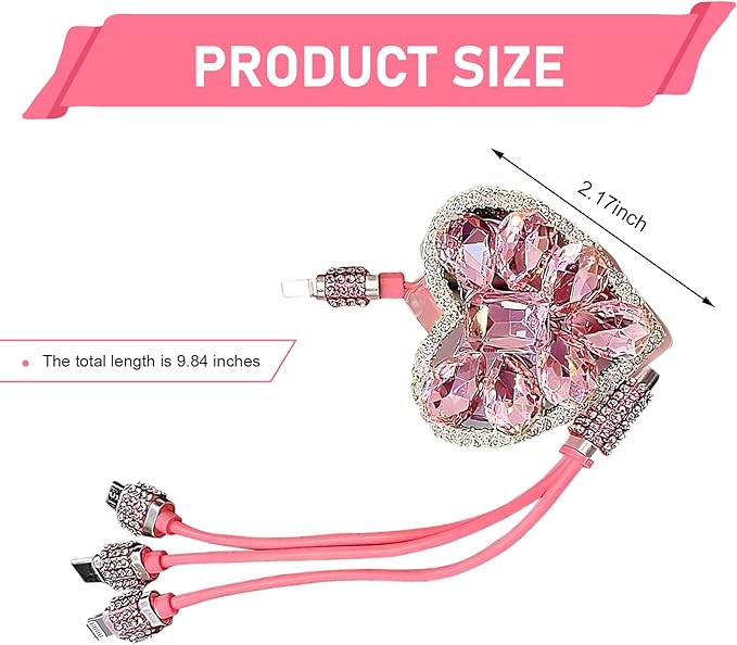 Car Retractable Multi Charging Cable, 3 in 1 Fast Charger Cord, Camellia Patterned/Heart-shaped Diamond-studded Car Charger Cable, Stylish for Women, Compatible with Phone, Tablets (Pink)