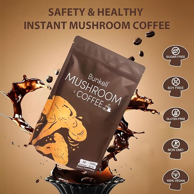 Mushroom Coffee, Adaptogenic 6 Mushrooms with Lion's Mane, Reishi, Cordyceps, Shiitake, King Trumpet & Turkey Tail, Instant Coffee Powder for Energy, Digestion & Immune Support, 50 Servings
