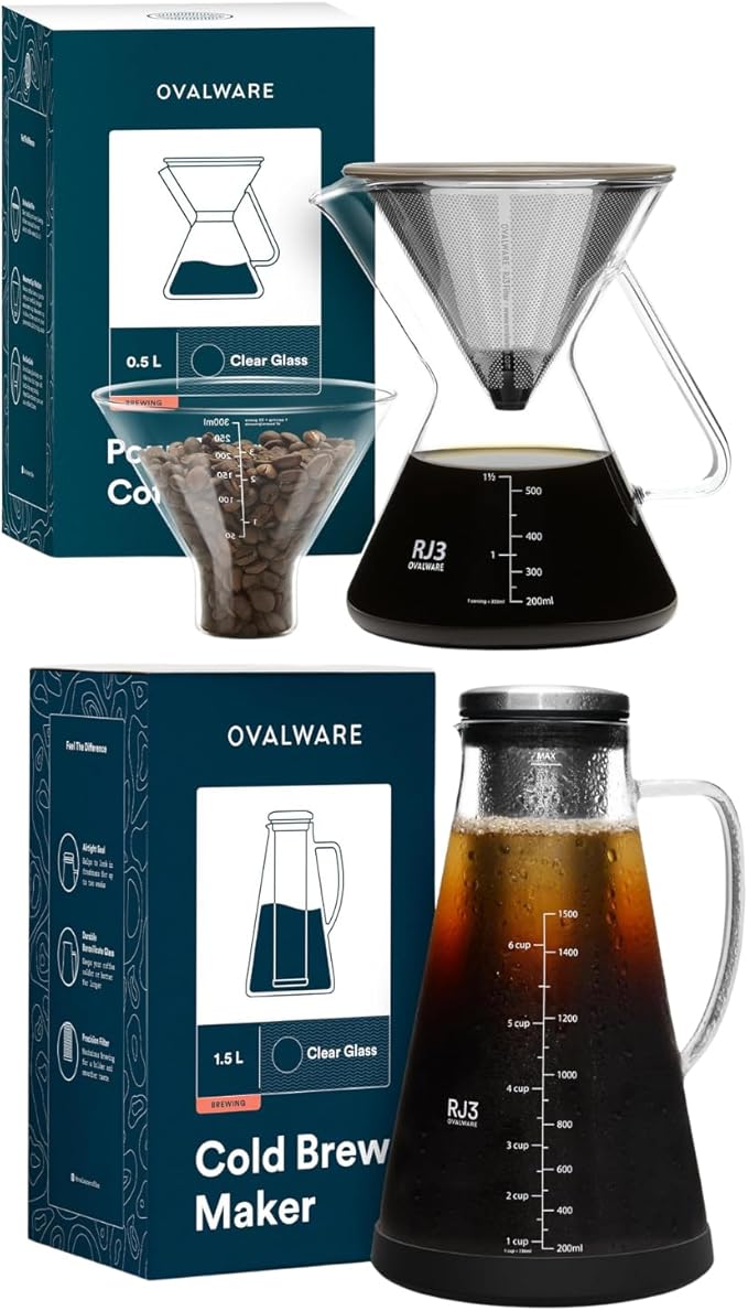 ovalware Pour Over Coffee Dripper Maker Paperless Stainless Steel Filter, Precision Measuring Cup and Carafe with Airtight Cold Brew Iced Coffee Maker Pitcher RJ3 Brewing Glass Carafe