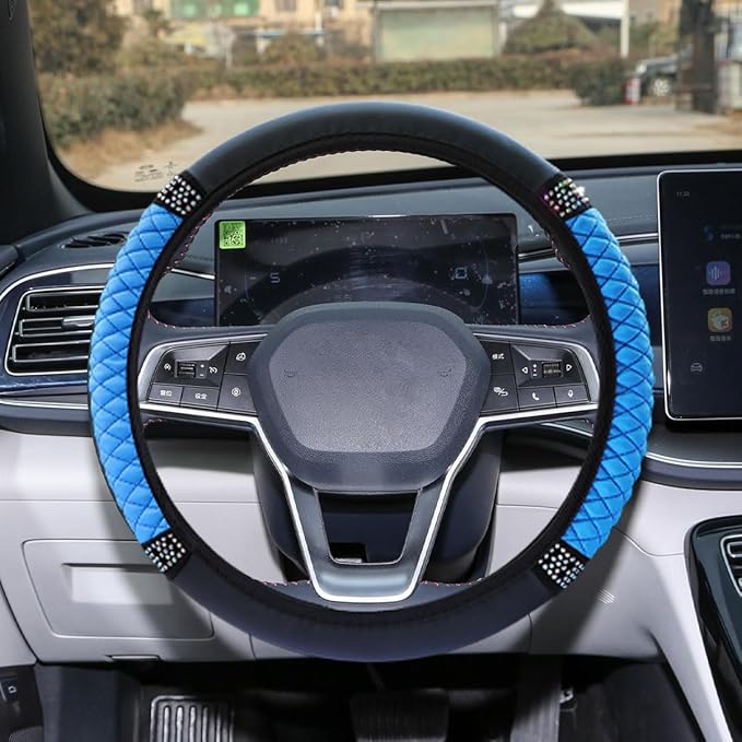 Bling Soft Leather Steering Wheel Cover, 15" Anti-Slip Sparkly Crystal Auto Elastic Steering Wheel Protector for Women Girl, Colorful Diamond Car Interior Accessory for Most Cars (Blue)