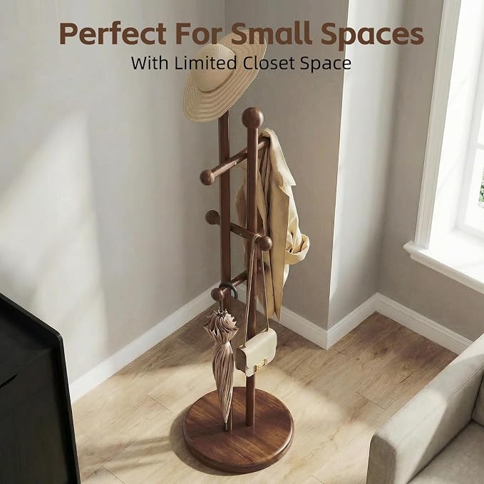 Uniclinens Wood Coat Rack Freestanding - Heavy Duty Freestanding Coat Rack, Wooden Coat Stand with 6 Hooks Creative Tree Branch-look for Entryway, Hallway, Bedroom (Dark Walnut)