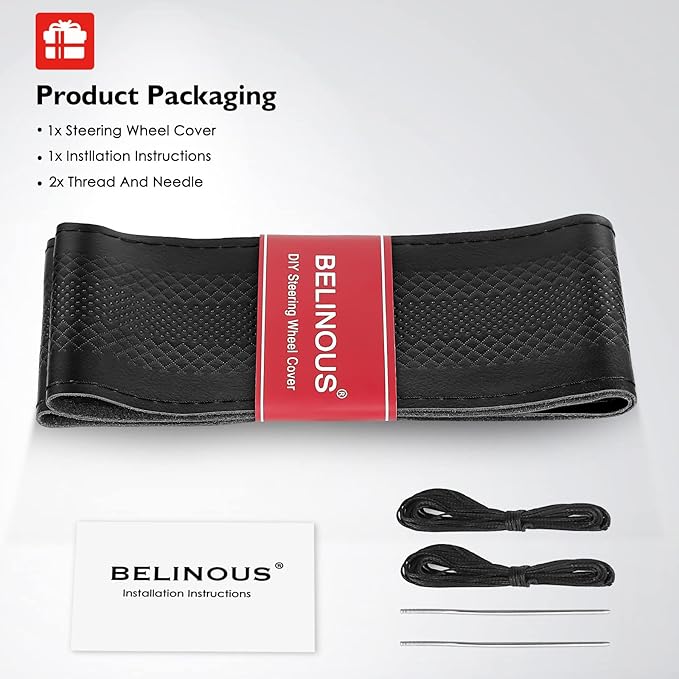 BELINOUS Leather Steering Wheel Cover Lace Up, Embossed Steering Wheel Wrap Fit for 13 3/4-16 Inch Car, Stitch on Wrap DIY w/Needle Thread (Size M4, Black)