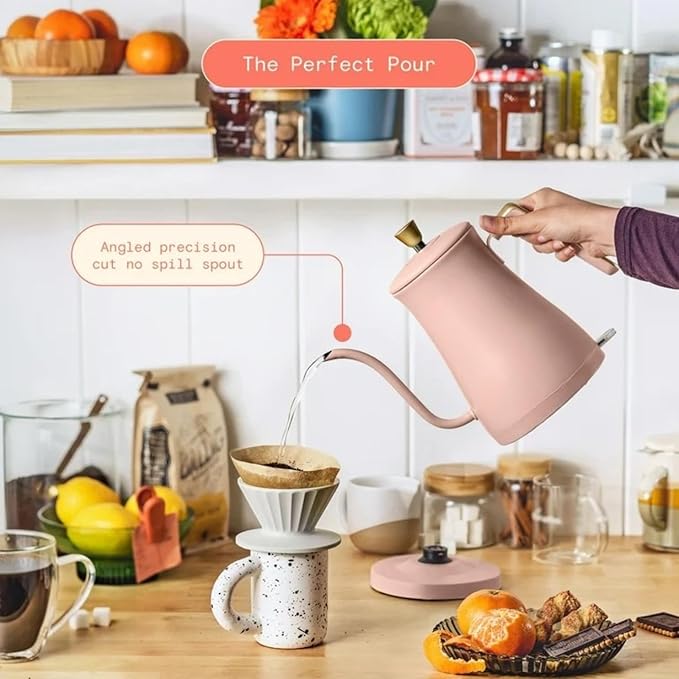 Electric Gooseneck Kettle 1 Liter 1200W, Stainless Steel, Pour Over Coffee Tea, Auto Shut-Off, 360° Cordless Power Base (Rose)