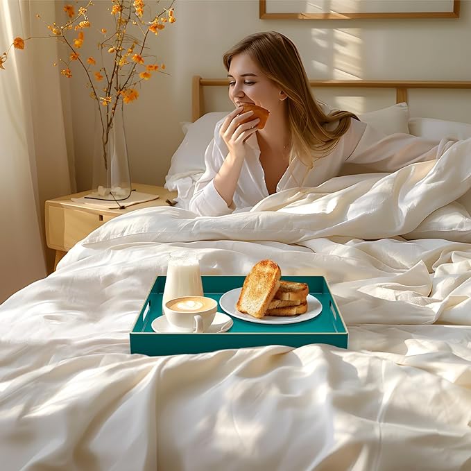 MAONAME Decorative Tray, Green Serving Tray with Handles, Coffee Table Trays, Square Plastic Trays for Ottoman, Bathroom, Kitchen, 13" x 13" x 1.57"