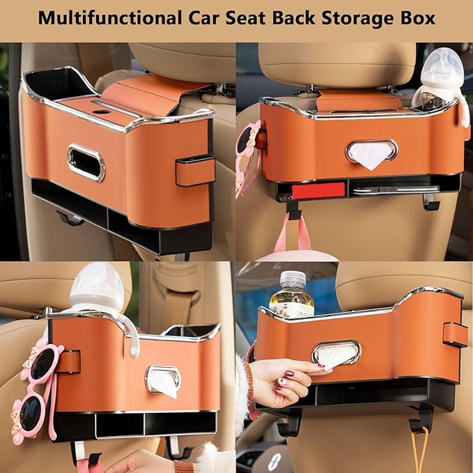 Multifunctional Car Seat Back Storage Box, Car Seat Tissue Box and Storage Box,Universal Car Tissue Organizer Back Seat with 2 Drink Cup Holder (Brown)