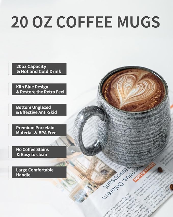Hasense Large Coffee Cups Ceramic Set of 2, Porcealin 20 oz Coffee Mugs as Friend Gifts, Modern Coffee Mug with Big Handle for Latte Coffee Tea Soup as Friend Gifts, Dishwasher and Microwave Safe,Grey