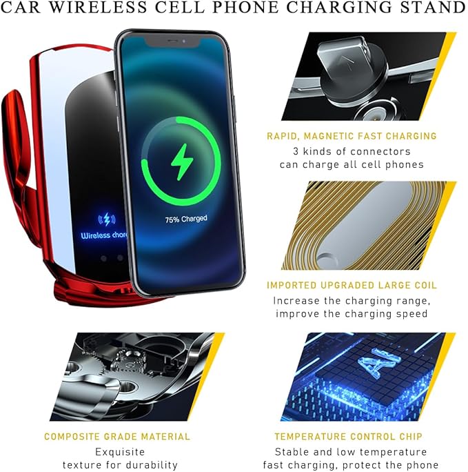 Wireless Car Charger Mount, 15W Automotive Electric Wireless Charger Holder, Car Air Vent Mount Bracket Fast Charging for Most Smartphone, Universal Car Accessories (Red)