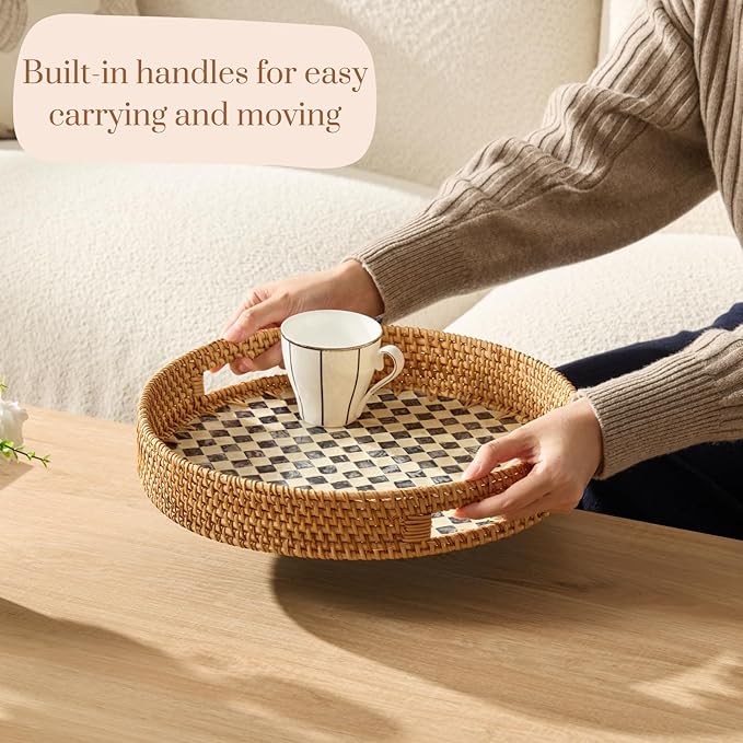 YANGQIHOME Round Rattan Tray with Handle, Mother of Pearl Inlay Decorative Wicker Basket for Coffee, Bread, Fruits, Serving Tray for Home Decor, Checkerboard
