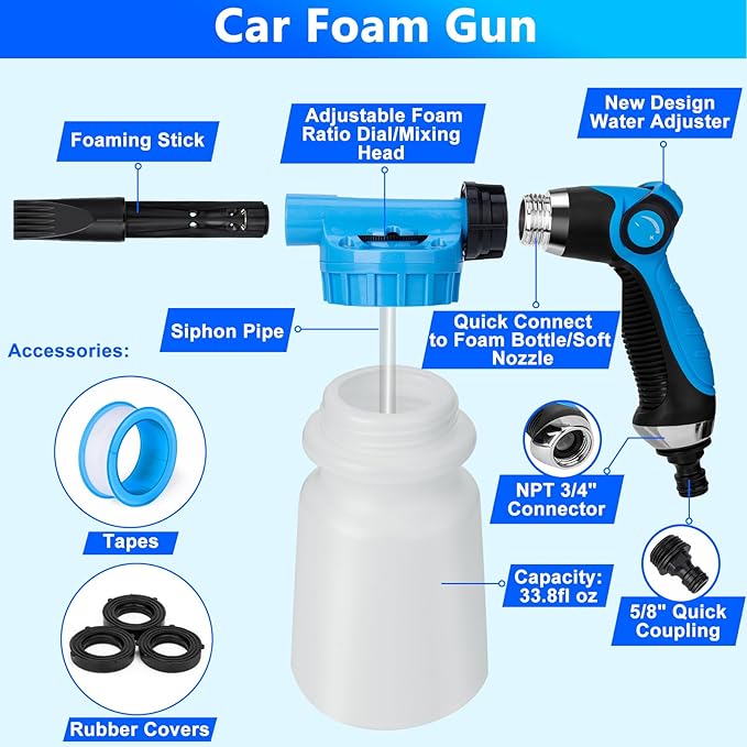 THINKWORK Car Wash Kit, Car Detailing Kit with Foam Gun, Car Wash Brush Mop and Large Folding Bucket Suitable for Car Cleaning, Blue Car Wash Set Gift for Men and Women