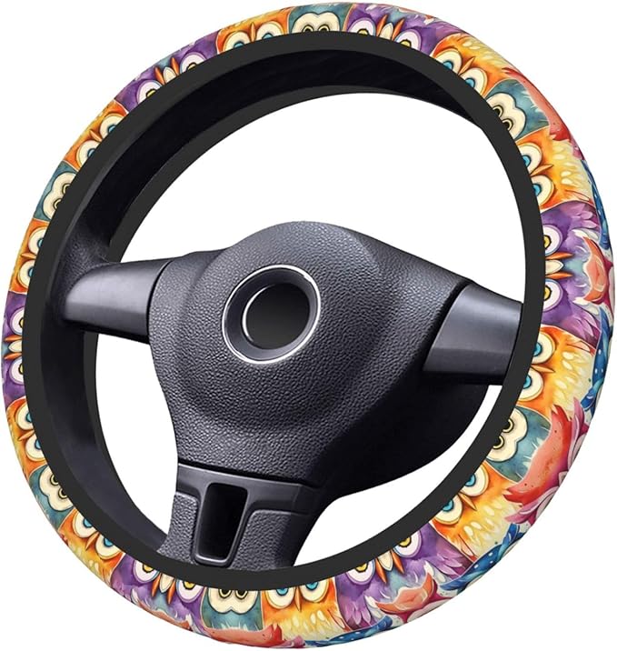 Colorful Owls Pattern Car Steering Wheel Cover, 15 Inch Steering Wheel Cover Stylish Decor for Most Cars