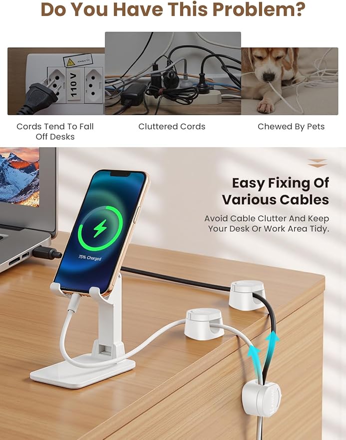 Kanemc Cable Clips Cord Holder for Desk, 360° Spin Magnetic Wire Organizer Self Adhesive Cord Management for Office Desks Cars Home Kitchen Electronic Accessory (White, 6 PCS)