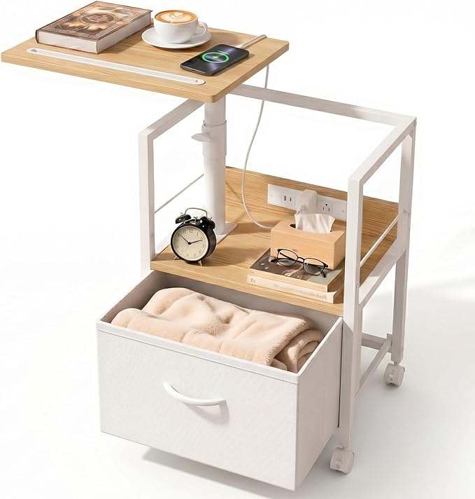 Faesun Swivel Lift Top Nightstand with Charging Station, Rolling Side Table for Recliner, Bedside Table with Wheels & a Fabric Drawer, for Small Spaces, for Bedroom, Living Room, Oak White