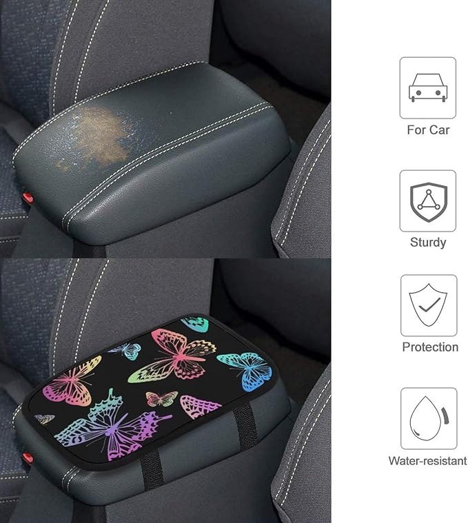 Black Rainbow Butterfly Car Center Console Cushion Pad,Waterproof Armrest Seat Box Cover Protector,Comfortable Car Decor Accessories Fit for Most Cars, Vehicles, SUVs