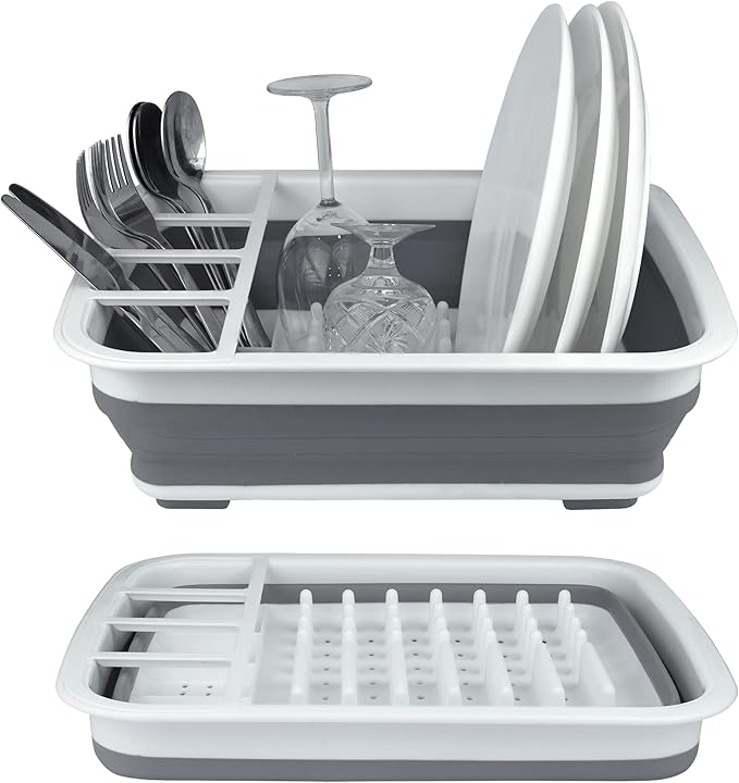 Collapsible Dish Drying Rack, Foldable Dinnerware Drainer Organizer | Space-saving plastic kitchen storage organizer. Compact folding dish drainboard perfect for RVs, camping & small countertops.