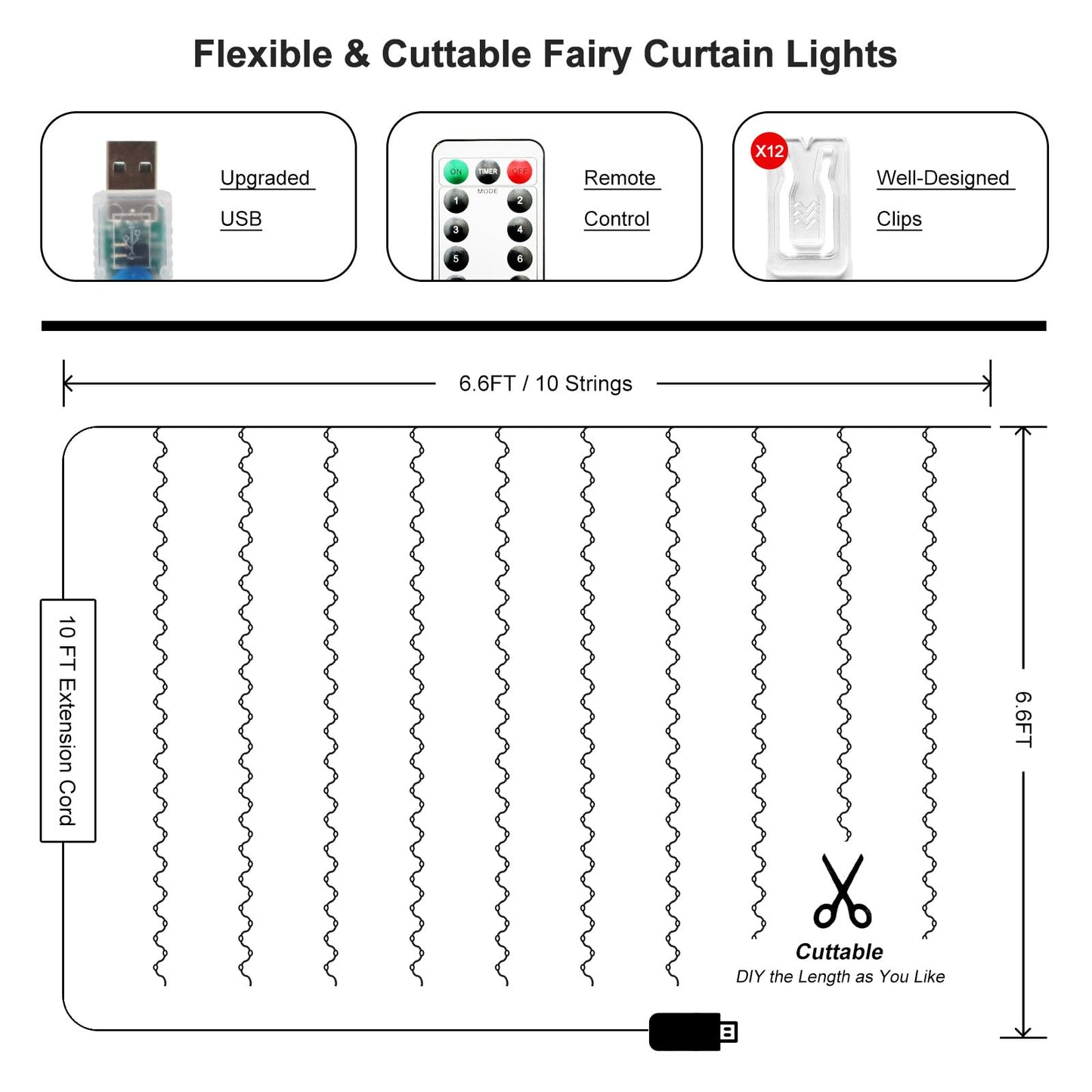 HOLITS 200 LED Fairy Curtain Lights, Warm White, 6.6 x 6.6 FT, USB Plug, Remote, Indoor/Outdoor, Model DIDCL01B-10