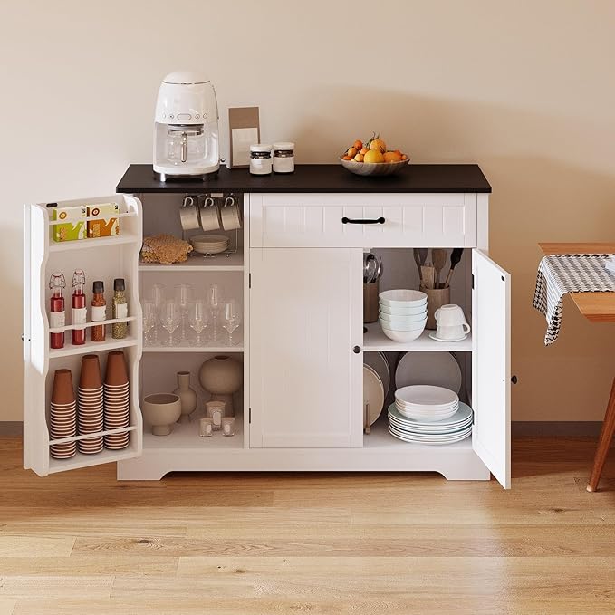 Gizoon Kitchen Coffee Bar Cabinet with Storage Kitchen Sideboard Buffet Cabinet with Drawers, Short Pantry with Door and Shelves for Bathroom and Living Room, White and Black