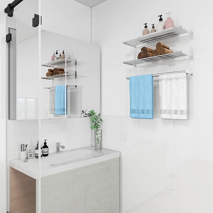 Towel Racks for Bathroom Wall 24 Inch, 3 Tier Bathroom Towel Shelf with Double Towel Bar, Stainless Steel Towel Rack with Towel Shelf, Towel Hanger Holder for Bathroom Towel Storage, Brushed Nickel