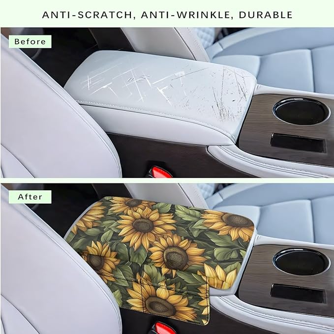 Dreaweet Car Center Console Cover with Pockets Vintage Sunflower Print Car Accessories Soft Thick Car Arm Rest Cover Pad Universal Armrest Cover for Car Truck SUV Van