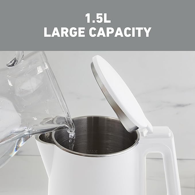 West Bend Timeless Electric Kettle Cordless Serving Features Stainless Steel Interior Boil Dry Protection and Auto Shut Off, 1.5-Liter, White/Gold