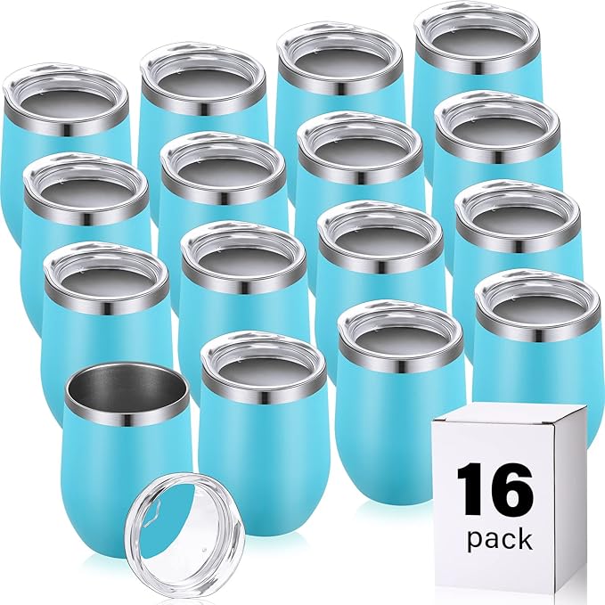 16 Pack Stainless Steel Wine Tumblers 12 oz Insulated Vacuum Wine Cup Set Double Wall Stainless Steel Stemless Mug Glasses for Coffee Soda Whiskey Outdoor Travel (Light Blue)