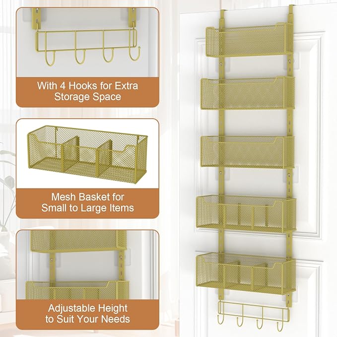 VyGrow Over The Door Organizer, Metal Door Organizer Hanging with 5 Adjustable Baskets and Coat Hook, Behind The Door Storage for Bedroom Closet Bathroom Pantry Cabinet Kitchen, Gold