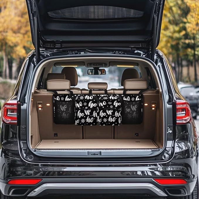 Hanging Car Trunk Organizer, Black Christmas Car Back Seat Storage Bag with 4 Pockets Waterproof Auto Interior Accessories for SUV MPV Sedans Trucks Van