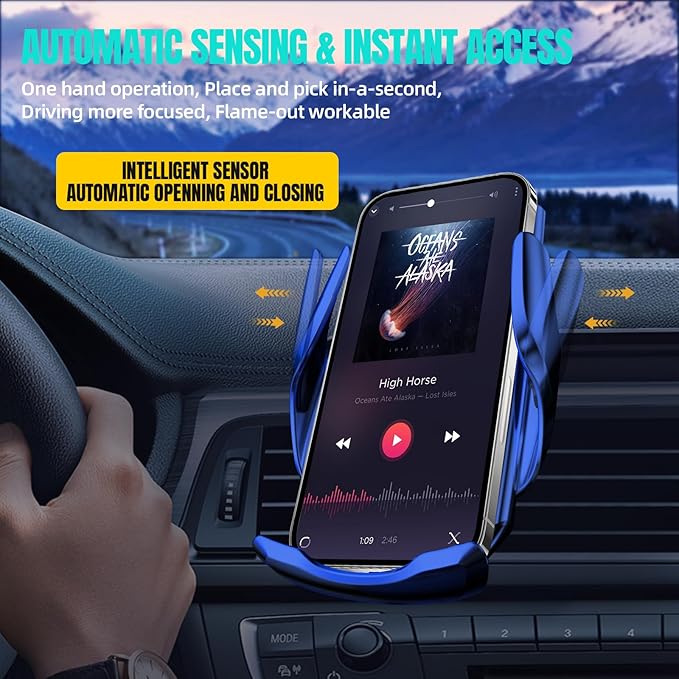 Wireless Car Charger, MAX 15W Fast Charging Auto Clamping, Sensing Phone Holder Mount, fit for iPhone 16 15 14 13 12 Pro Max Xs X, Samsung Galaxy S24 Ultra S23 S22 S21 S20 Note 20 (3-Blue)