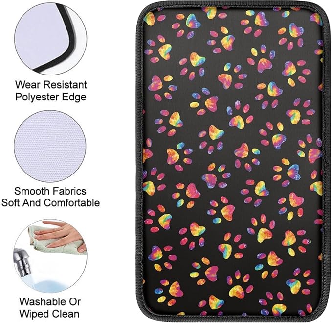 Tie Dye Dog Paws Print Car Console Covers,Non-Slip and Comfortable Armrest Cover for Cars,Paw Print Car Accessories