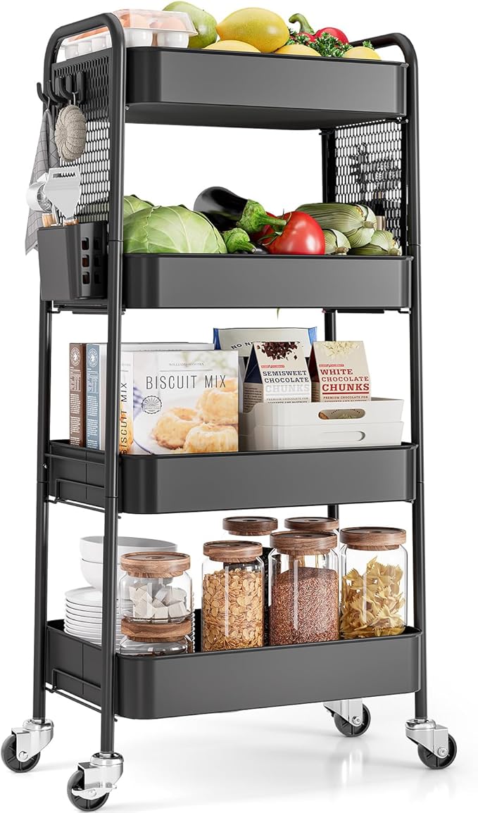 TOOLF 4 Tier Rolling Cart with Pegboard, Metal Storage Organizer Cart with Wheels, Hooks & Bins Esthetician Craft Art Sturdy Storage for Bathroom, Kitchen, Office, Nursery Diaper