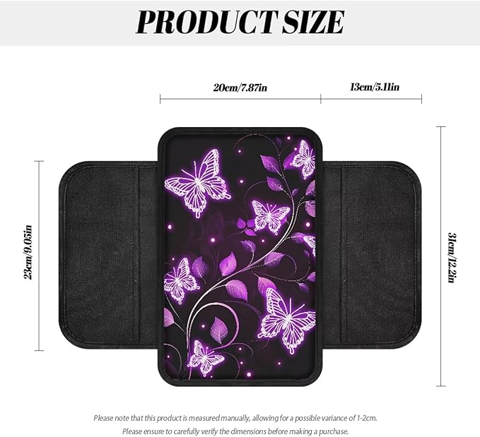 Dreaweet Purple Butterfly Car Armrest Cover for Women Center Console Cover with Storage Pockets Comfortable Car Arm Rest Cover Pad Non Slip Console Covers for Car SUV Trucks