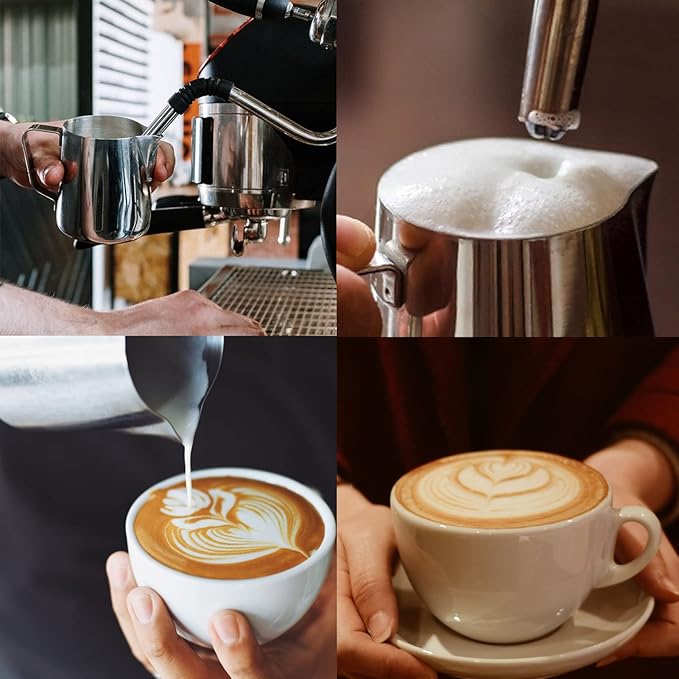 Milk Frothing Pitcher, 20oz Espresso Steaming Pitchers Stainless Steel Cappuccino Coffee Machine Accessories Barista Tools Steam Froth Pitchers Milk Jug Cup with Decorating Pen Latte Art, Blue