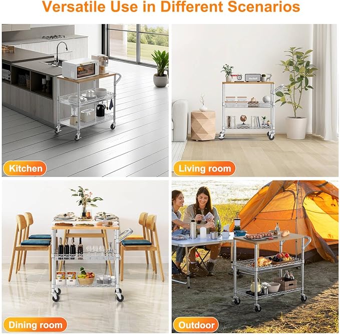 NTE Rolling Kitchen Carts on Wheels, 650Lbs Capacity 3 Tier Utility Cart with Wood Tabletop, Kitchen Storage Cart with 8 Hooks, Metal Serving Cart with Handle and Shelf Liners for Kitchen, Restaurant