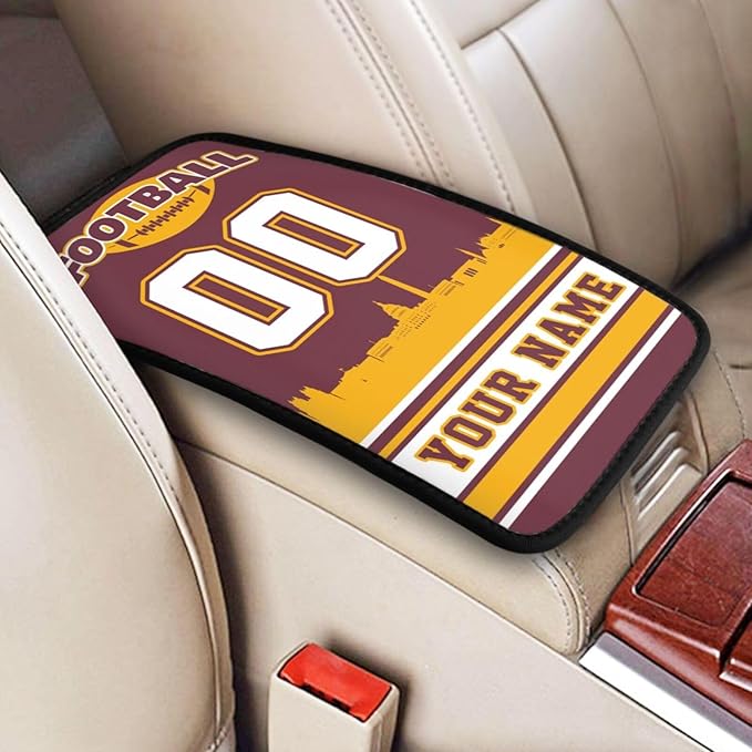 Custom Football Car Armrest Covers Personalized Football Style with Name Number Customized Auto Center Console Pad Car Handrail Box Cushion for Most Vehicle Decor Accessories, Yellow