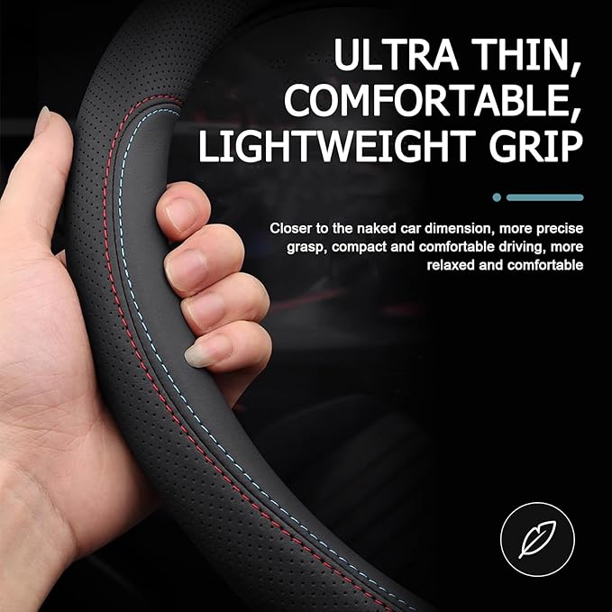1 PC Car Steering Wheel Cover, Ultra-Thin Soft Leather Steering Wheels Accessories, 15" Round Breathable Car Wheel Cover, Universal Interior Accessories for Most Cars (Black&Red)