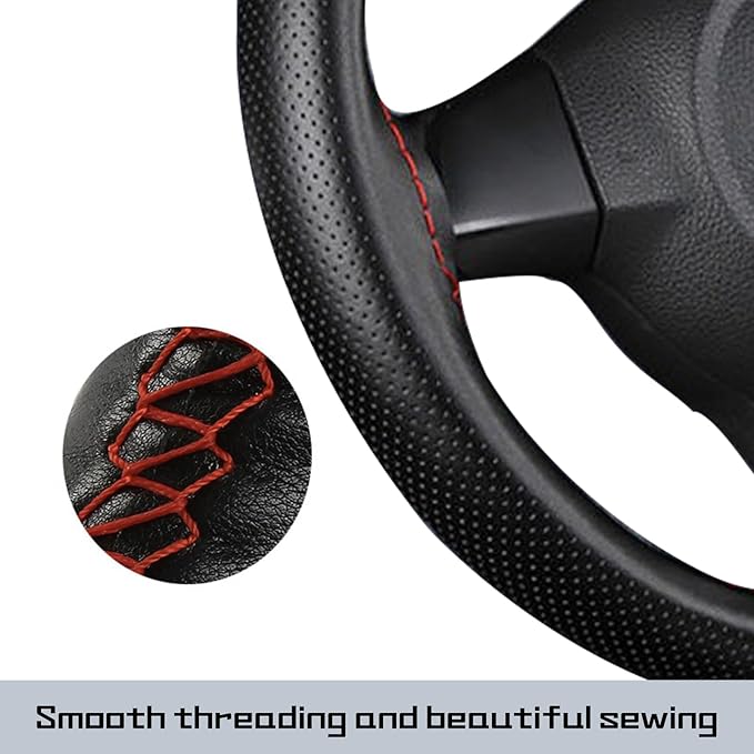 Comfortable Leather Steering Wheel Cover, Non Slip and Breathable, Suitable for 15 Inch Steering Wheel(Red)