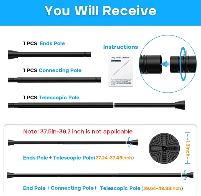 AIZESI Black Spring Tension Curtain Rods 28 to 48 Inch, Adjustable Curtain Rods No Drilling, Expandable Spring Curtains Rod, Non-slip Shower Curtain Rod for Bathroom Closet Doorway (7/8" Diameter)