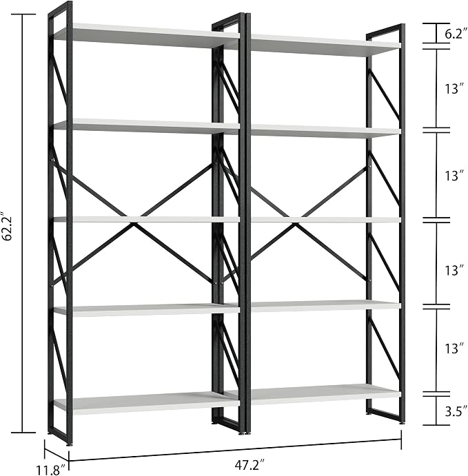 Shintenchi 2-Tier Bookshelf: Tall Industrial Bookcase for Living Room/Home/Office, Modern Book Holder with Storage Rack Shelves - White