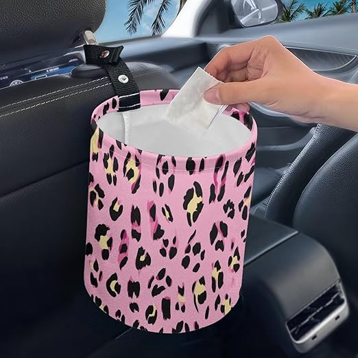 Pink Leopard Print Car Trash Can, Cute Car Trash Bag, Vehicle Trash Can, Multipurpose Trash Bag Hanging, Portable, Waterproof Storage Bag for Cars
