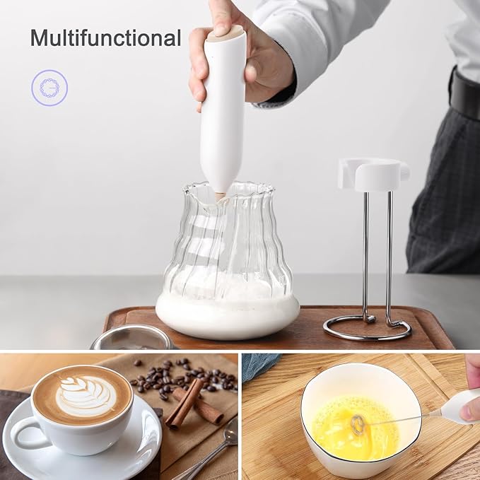 Rechargeable Coffee Frother by ELMWAY, Electric Milk Frother with Charging Stand & Wall Mount, Handheld Drink Mixer, Foam Maker for Coffee, Matcha - White
